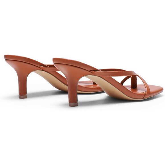 Dream Pairs Women Brown Faux Leather Open Square Toe Thong Kitten Heeled Sandals - Picture 3 of 7
